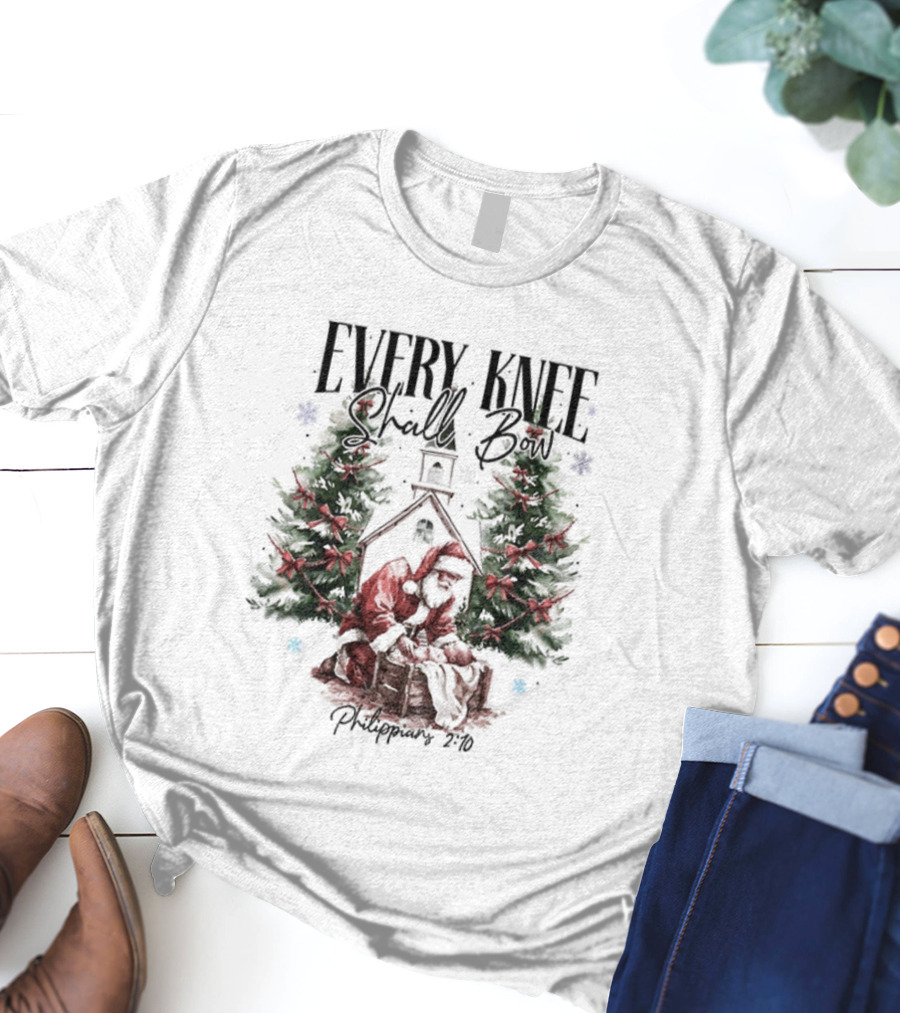 Every Knee Shall Bow Philippians 2:10 Santa Claus Christmas Trees T-Shirt