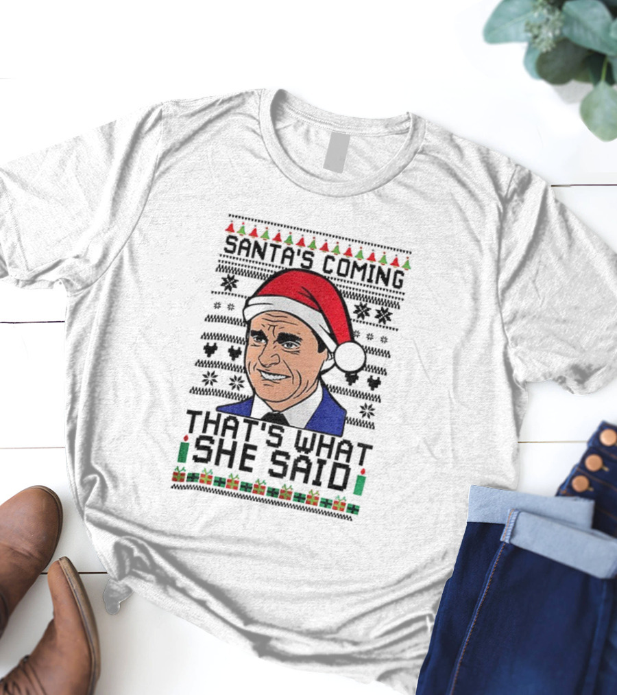 Michael Scott Santa Hat That's What She Said Christmas Sweater Style T-Shirt