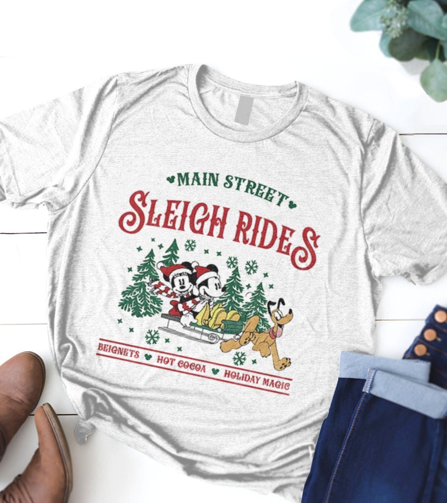 Main Street Sleigh Rides Beignets Hot Cocoa Holiday Magic Disney Christmas Mickey Minnie Pluto T-Shirt