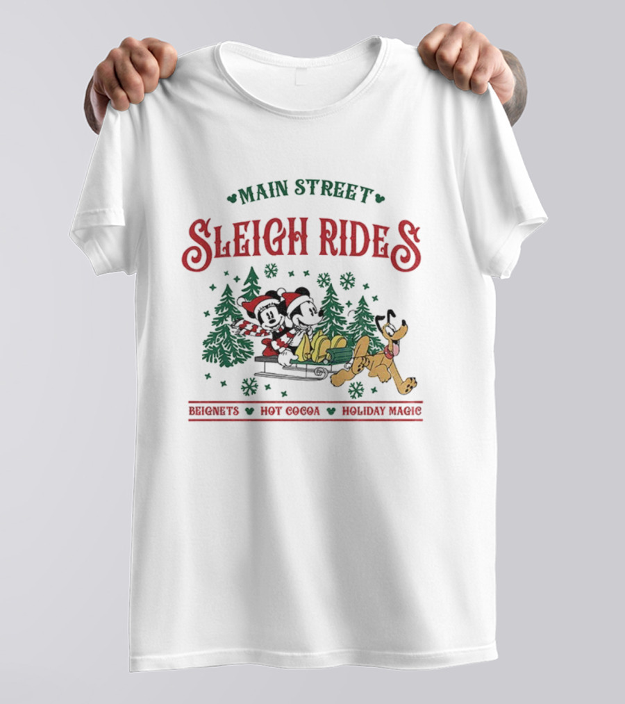 Main Street Sleigh Rides Beignets Hot Cocoa Holiday Magic Disney Christmas Mickey Minnie Pluto T-Shirt
