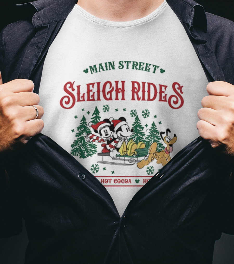 Main Street Sleigh Rides Beignets Hot Cocoa Holiday Magic Disney Christmas Mickey Minnie Pluto T-Shirt