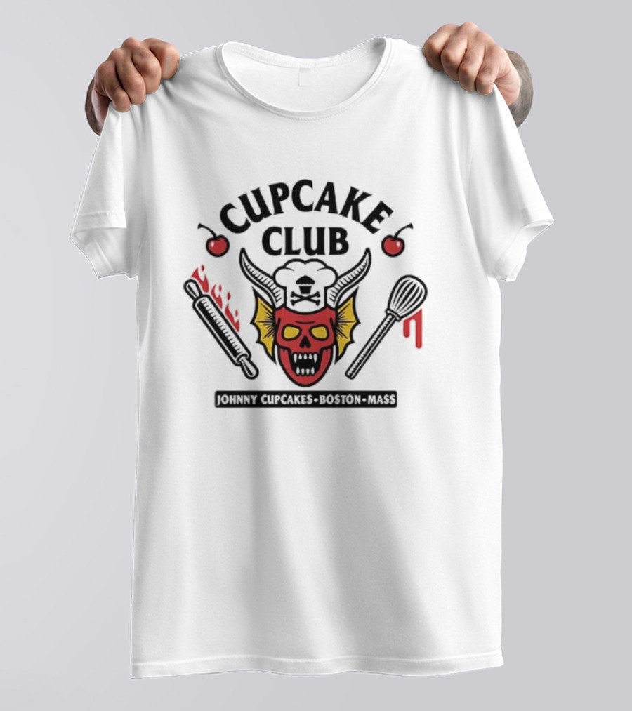 Johnny Cupcake Club Boston Mass Skull With Rolling Pin And Whisk T-Shirt