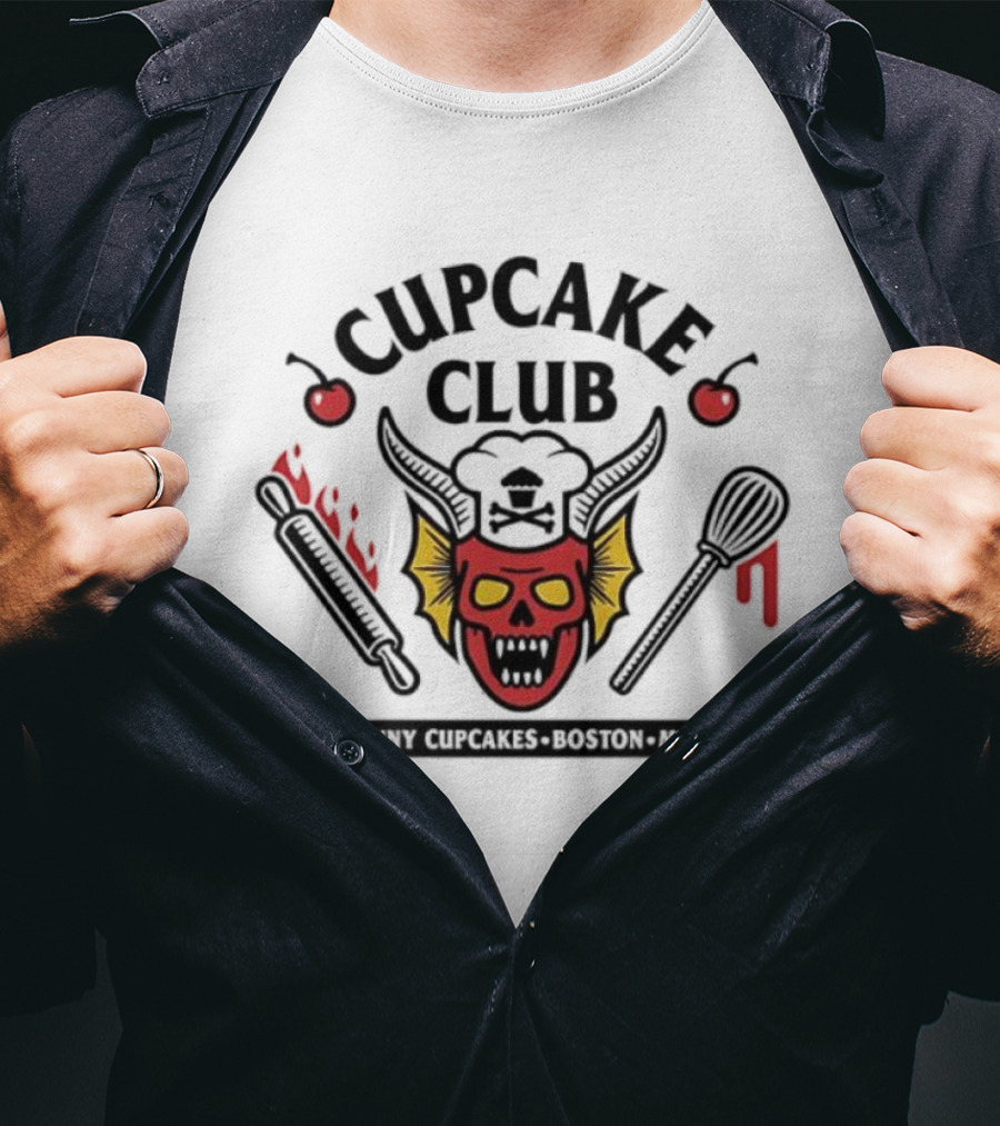 Johnny Cupcake Club Boston Mass Skull With Rolling Pin And Whisk T-Shirt