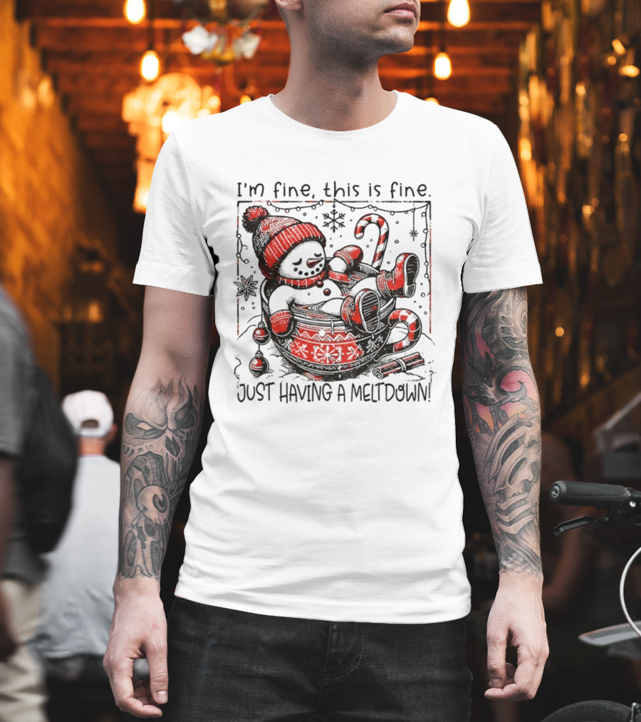 Snowman Santa Hat I'm Fine This Is Fine Just Having A Meltdown Merry Christmas T-Shirt
