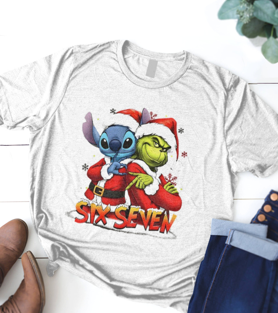 Stitch Grinch Santa Hat Six Seven Christmas Meme T-Shirt