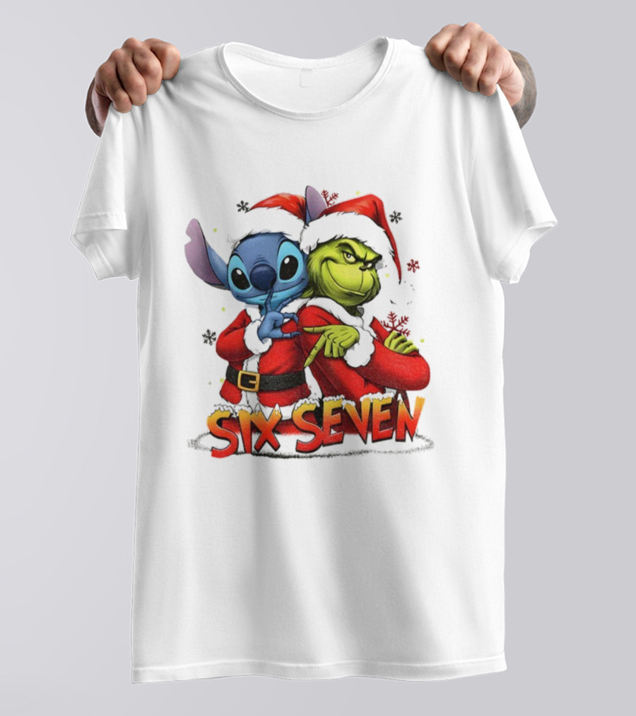 Stitch Grinch Santa Hat Six Seven Christmas Meme T-Shirt