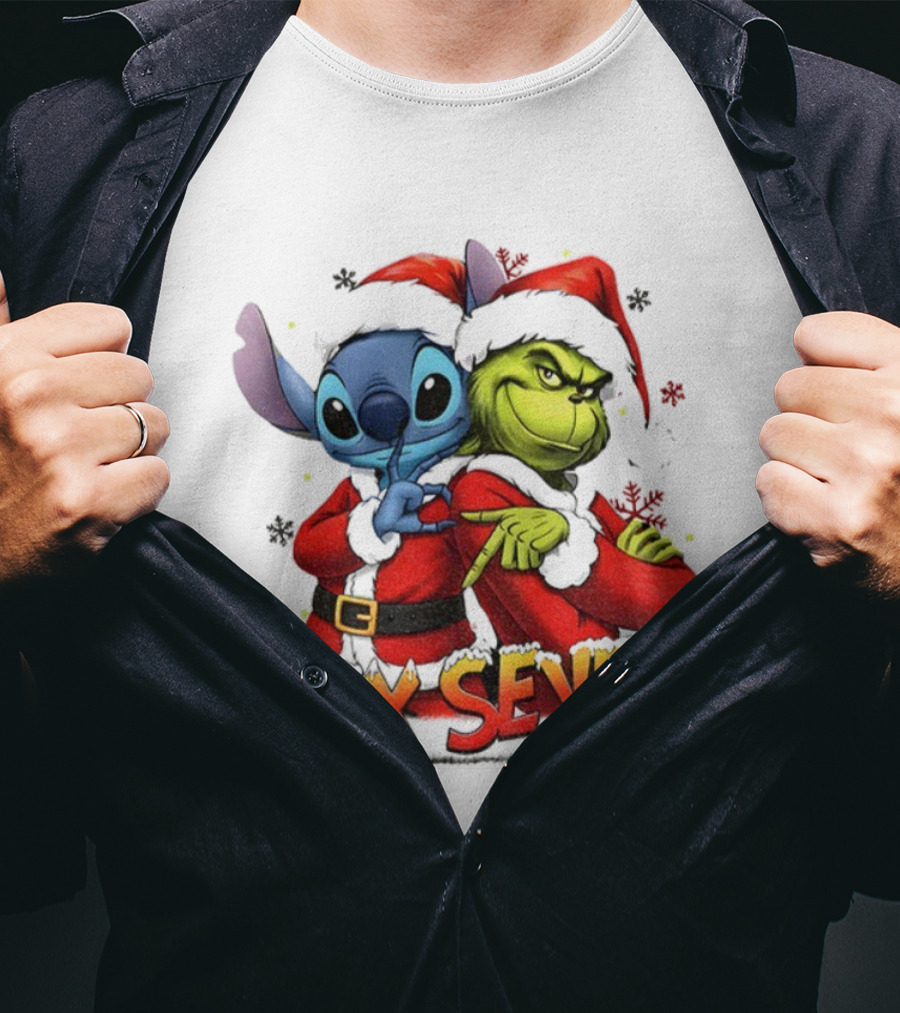 Stitch Grinch Santa Hat Six Seven Christmas Meme T-Shirt