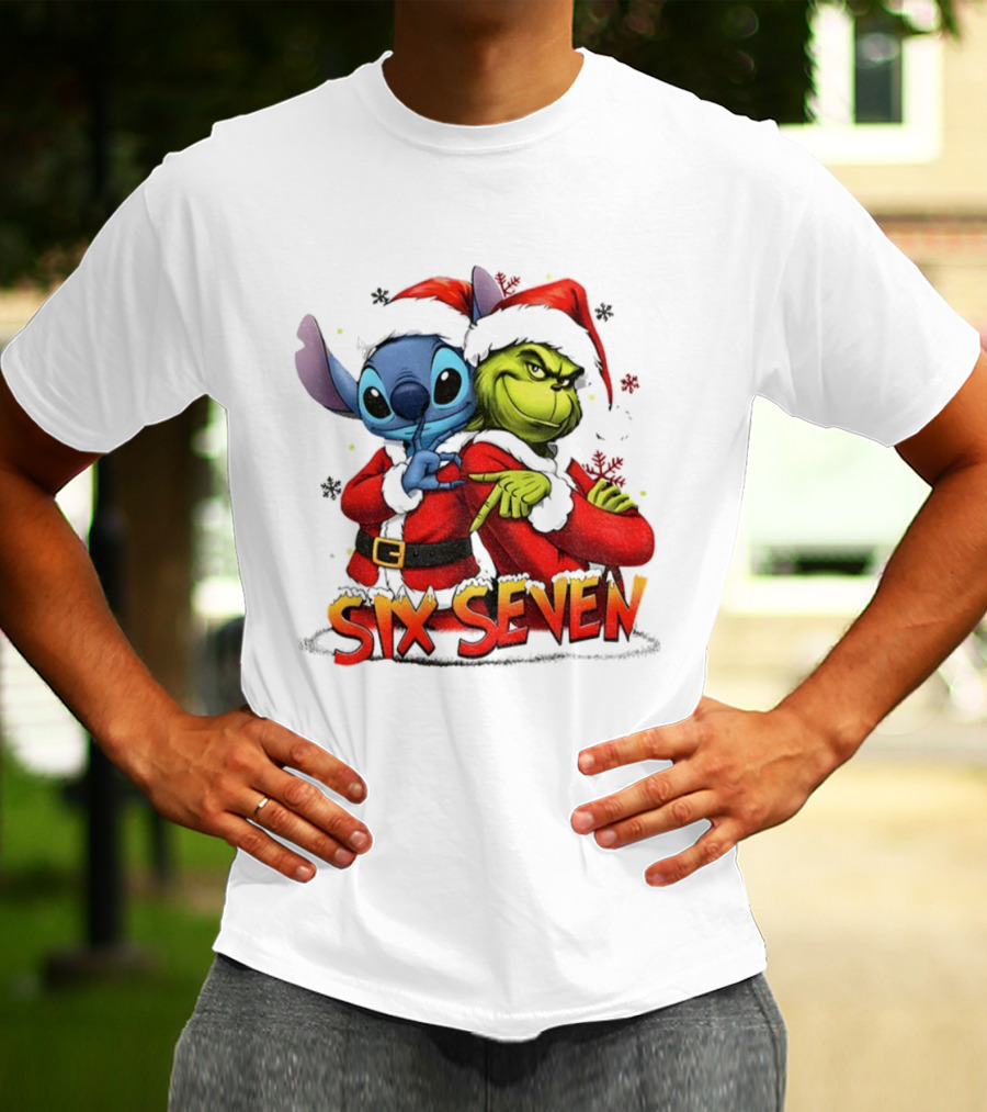 Stitch Grinch Santa Hat Six Seven Christmas Meme T-Shirt