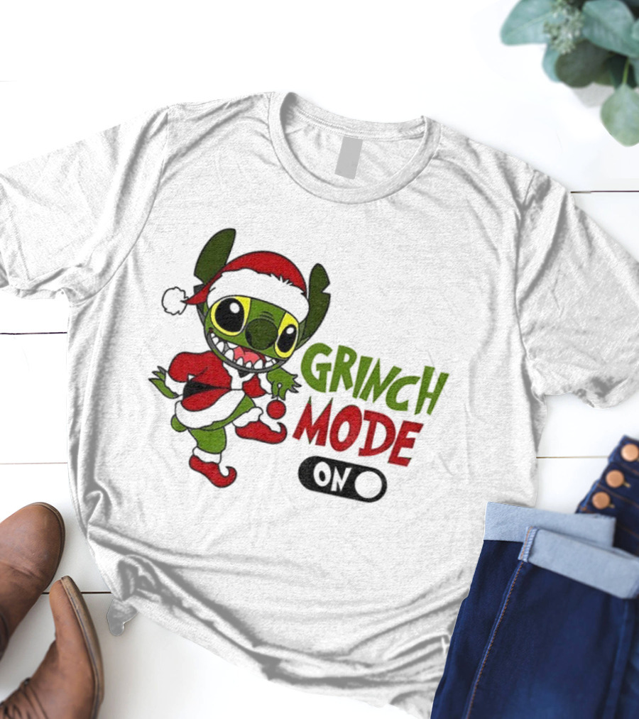 Stitch Grinch Santa Grinch Mode Merry Christmas Turn On T-Shirt
