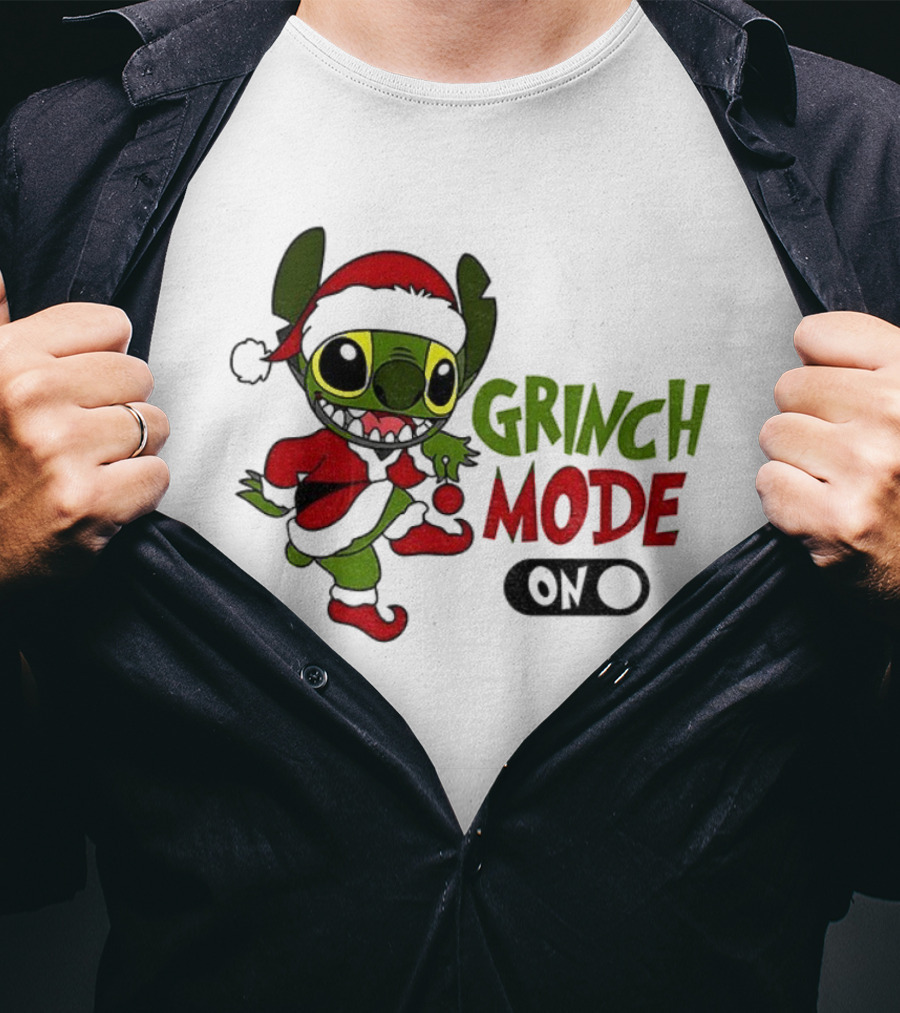 Stitch Grinch Santa Grinch Mode Merry Christmas Turn On T-Shirt