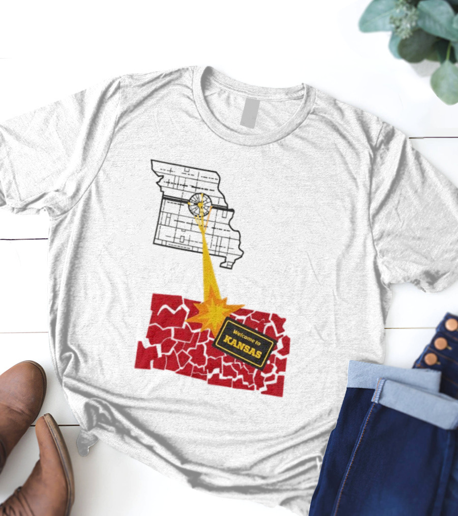 Missouri Map Blast Welcome To Kansas Sign Explosion T-Shirt
