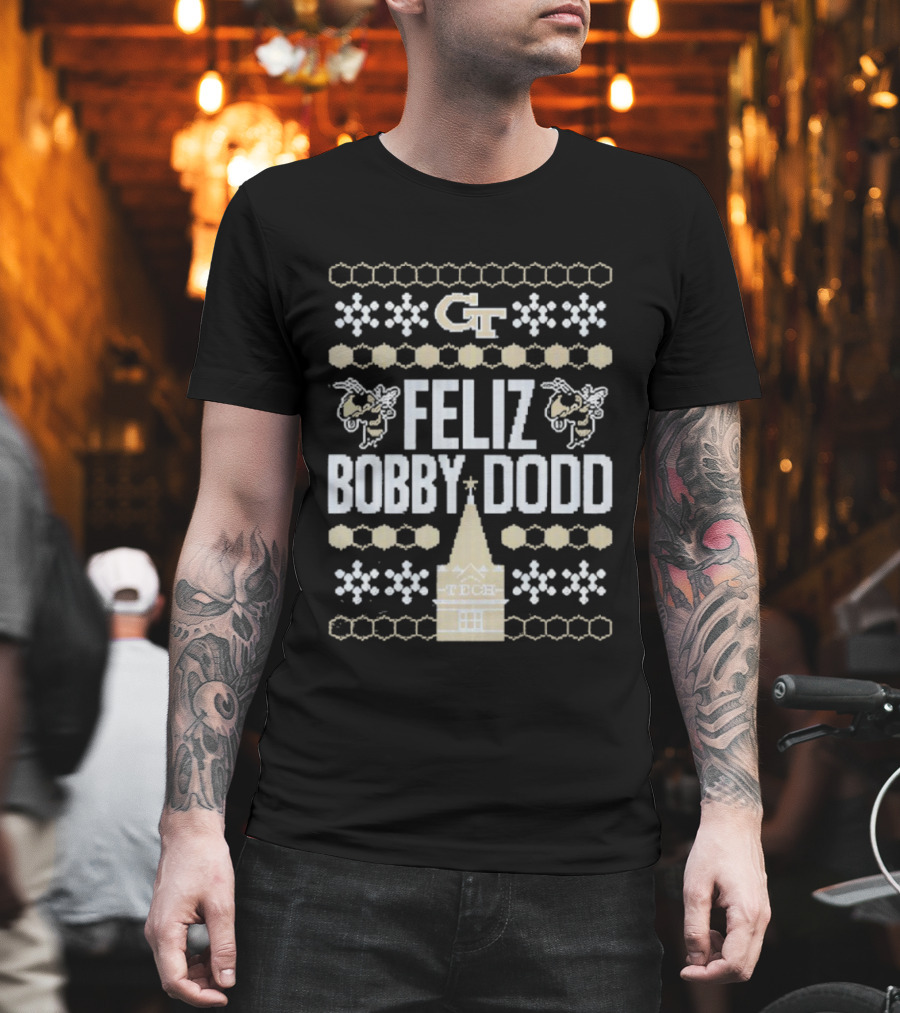 Georgia Tech GT Feliz Bobby Dodd Christmas Ornament Tech Snowflakes T-Shirt