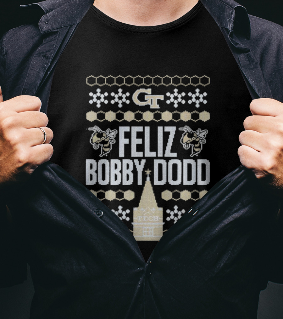 Georgia Tech GT Feliz Bobby Dodd Christmas Ornament Tech Snowflakes T-Shirt