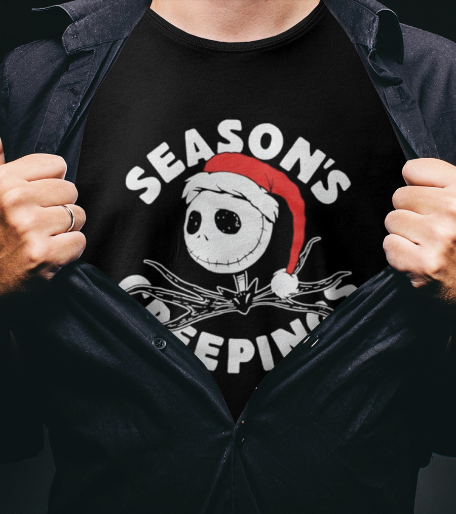 Season's Creepings Jack Skellington Santa Hat Christmas T-Shirt