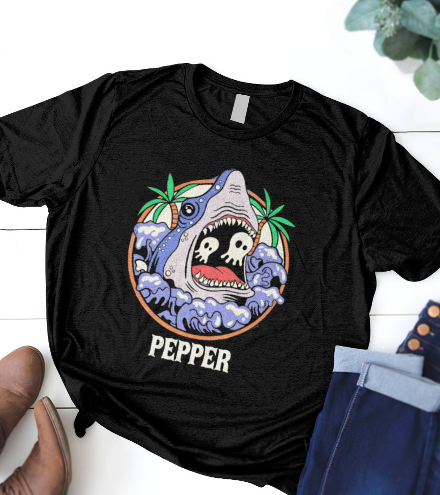Skull-Waving Shark Attack Pepper Ocean Adventure T-Shirt