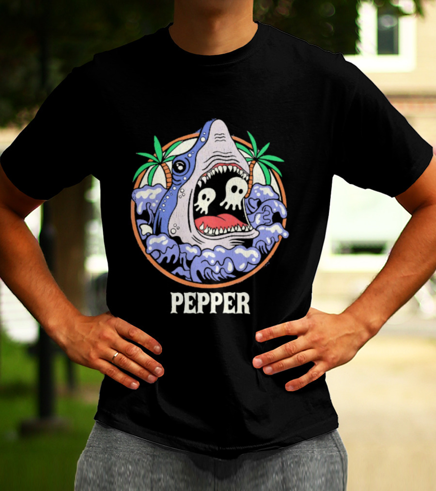 Skull-Waving Shark Attack Pepper Ocean Adventure T-Shirt