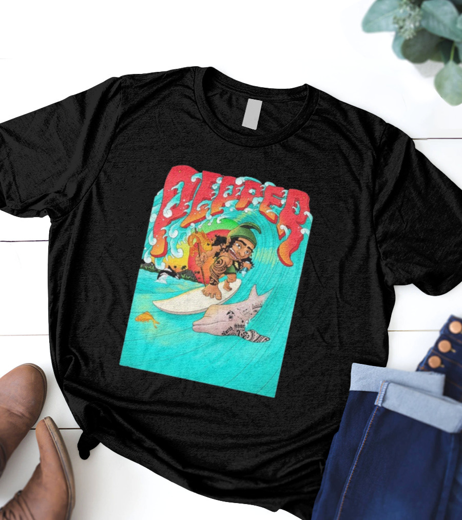 Pepper Surfer Riding Waves With Tattooed Dolphin T-Shirt
