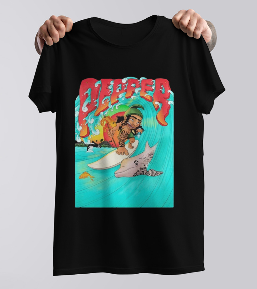 Pepper Surfer Riding Waves With Tattooed Dolphin T-Shirt
