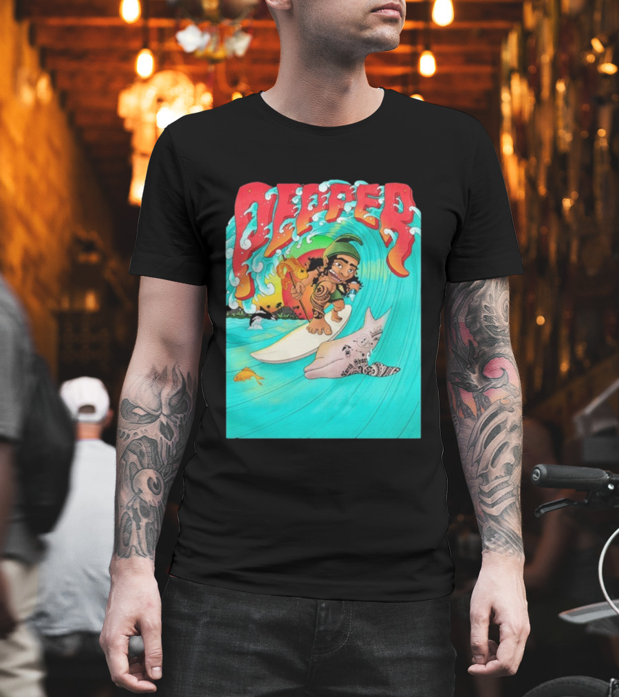 Pepper Surfer Riding Waves With Tattooed Dolphin T-Shirt