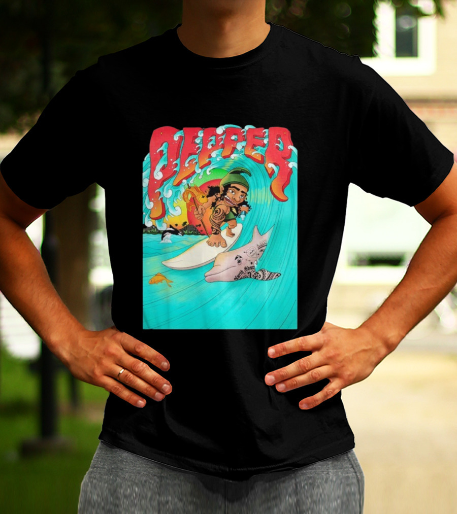 Pepper Surfer Riding Waves With Tattooed Dolphin T-Shirt