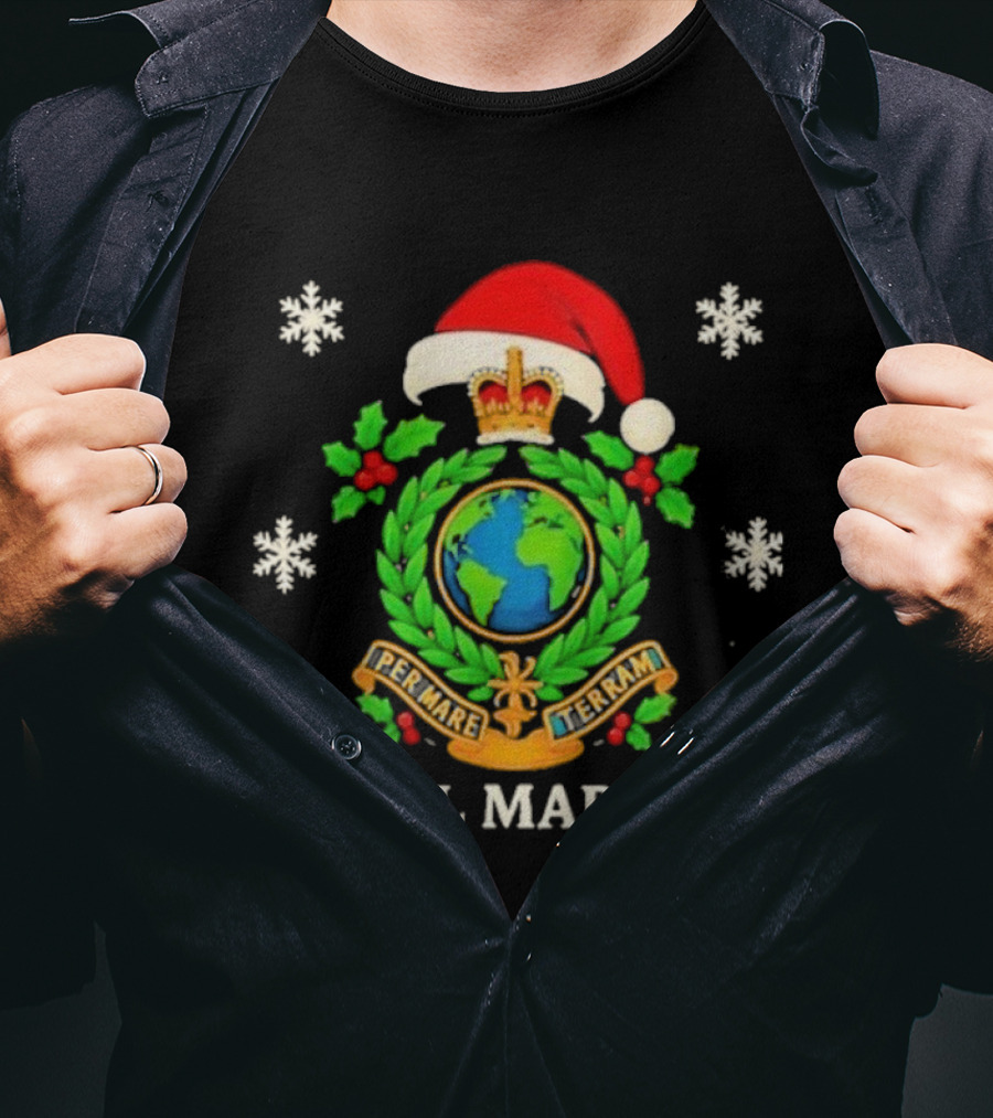 Royal Marines Christmas Per Mare Terram Santa Hat Snowflakes Green Wreath Globe Crest T-Shirt