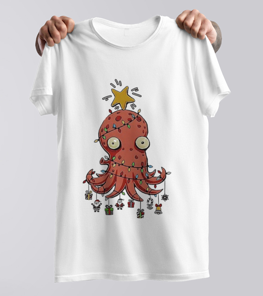 Christmas Octopus Tree Wrapped In Light Cords With Star And Decorations T-Shirt