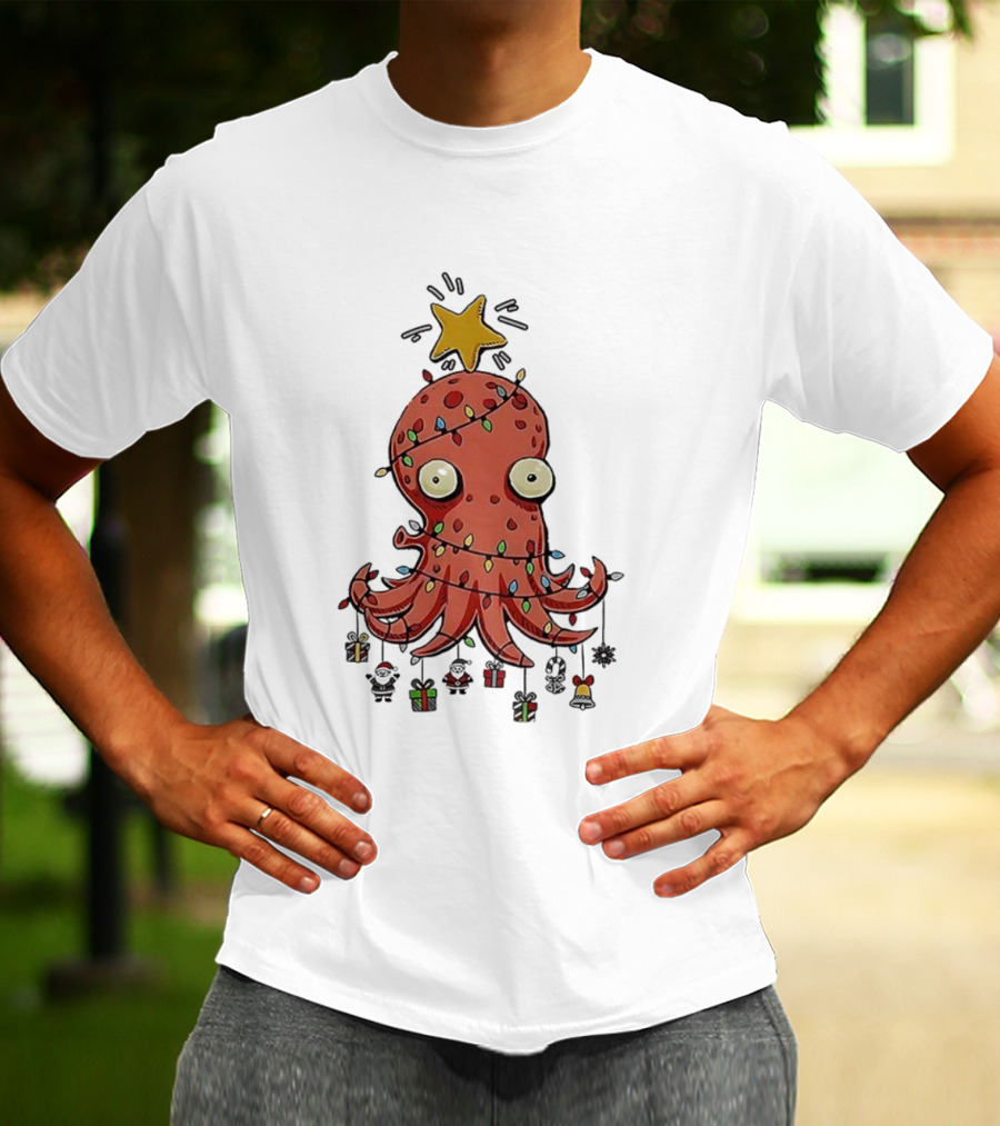 Christmas Octopus Tree Wrapped In Light Cords With Star And Decorations T-Shirt