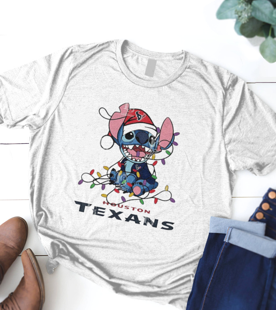 Houston Texans Stitch Christmas Lights Ornament Anime Fan Art T-Shirt