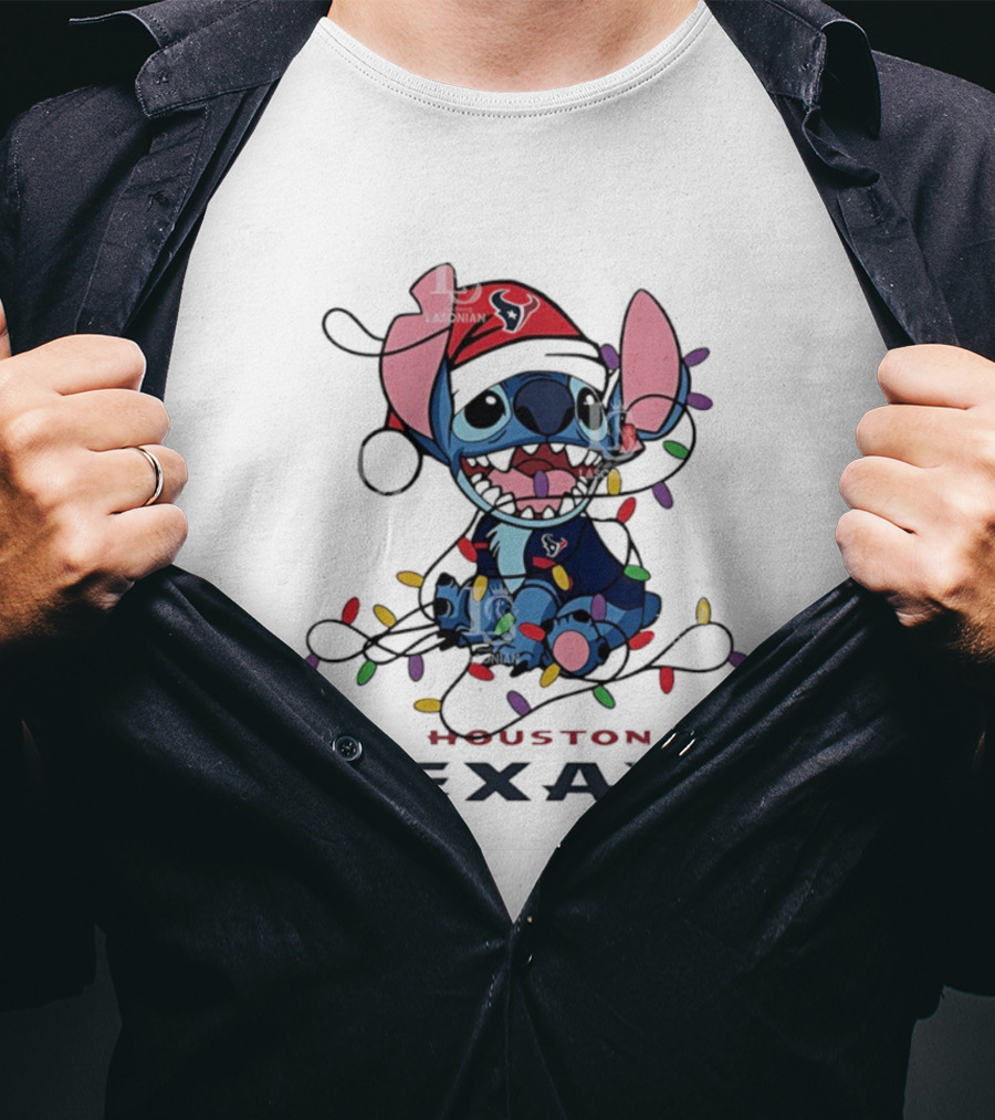 Houston Texans Stitch Christmas Lights Ornament Anime Fan Art T-Shirt