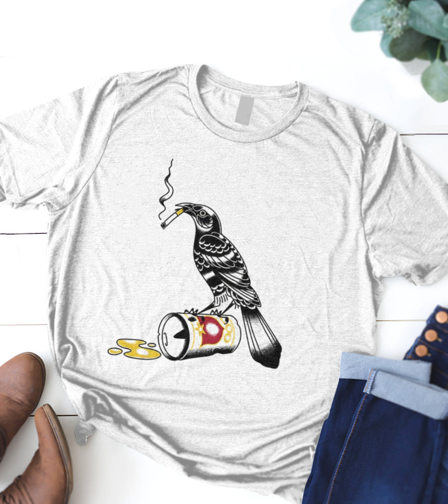 Trashy Grackle Smoking Bird With Spill Can T-Shirt