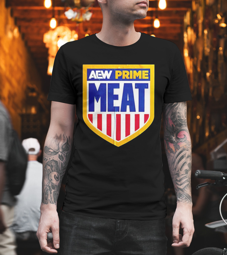 AEW Prime Meat Shield Bold Lettering And Stripes T-Shirt