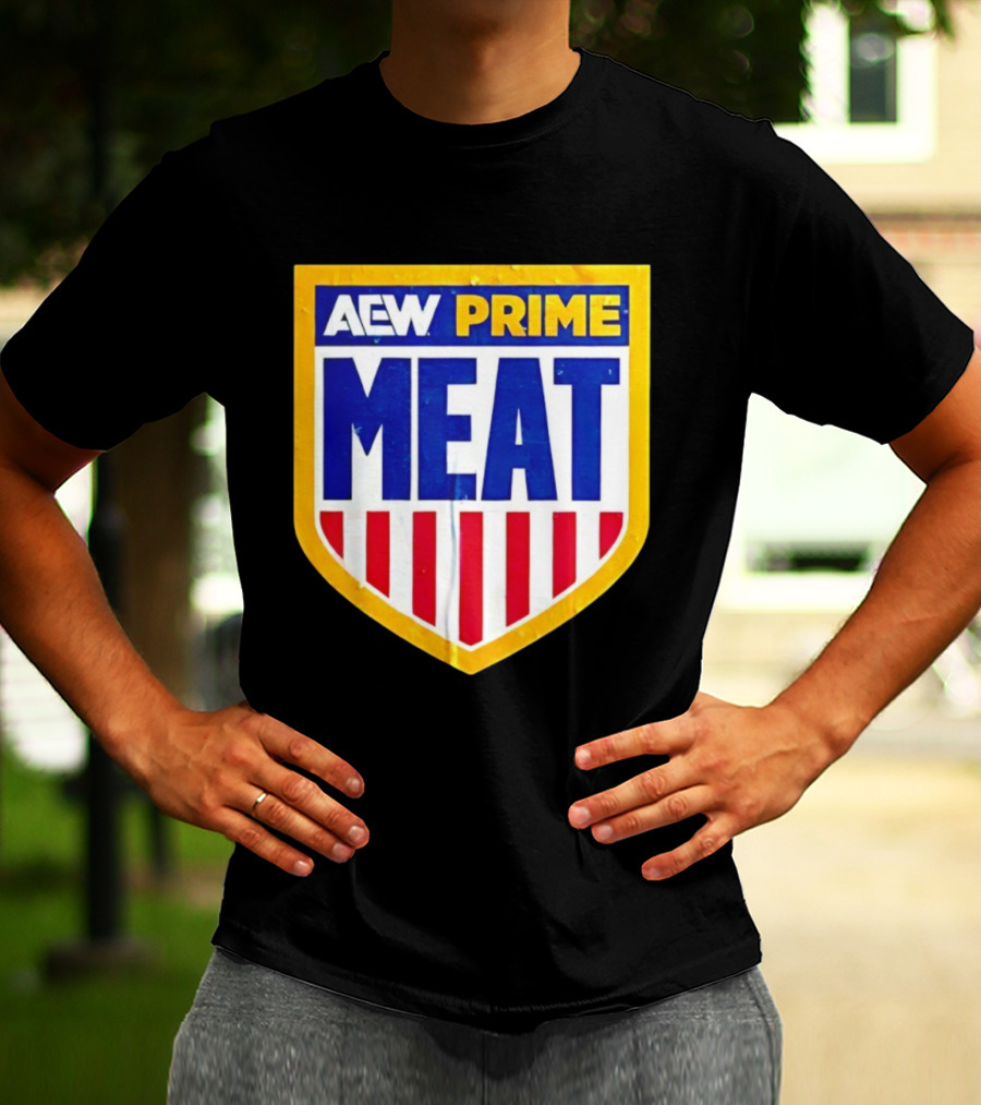 AEW Prime Meat Shield Bold Lettering And Stripes T-Shirt