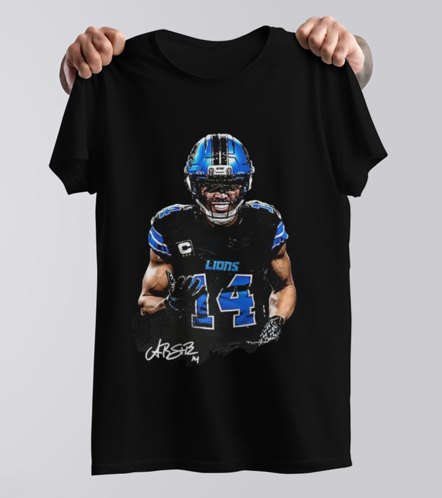 Amon-Ra St. Brown Lions Number 14 Signature Detroit Football T-Shirt