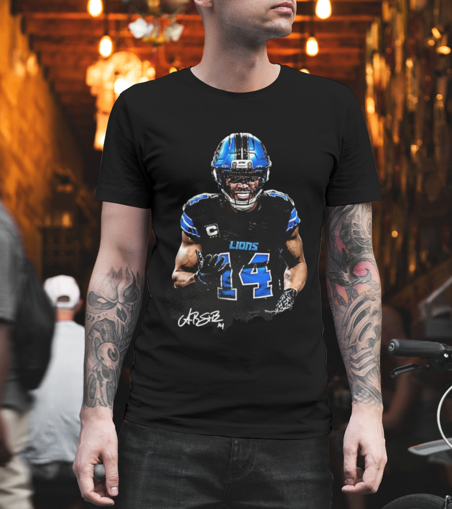 Amon-Ra St. Brown Lions Number 14 Signature Detroit Football T-Shirt