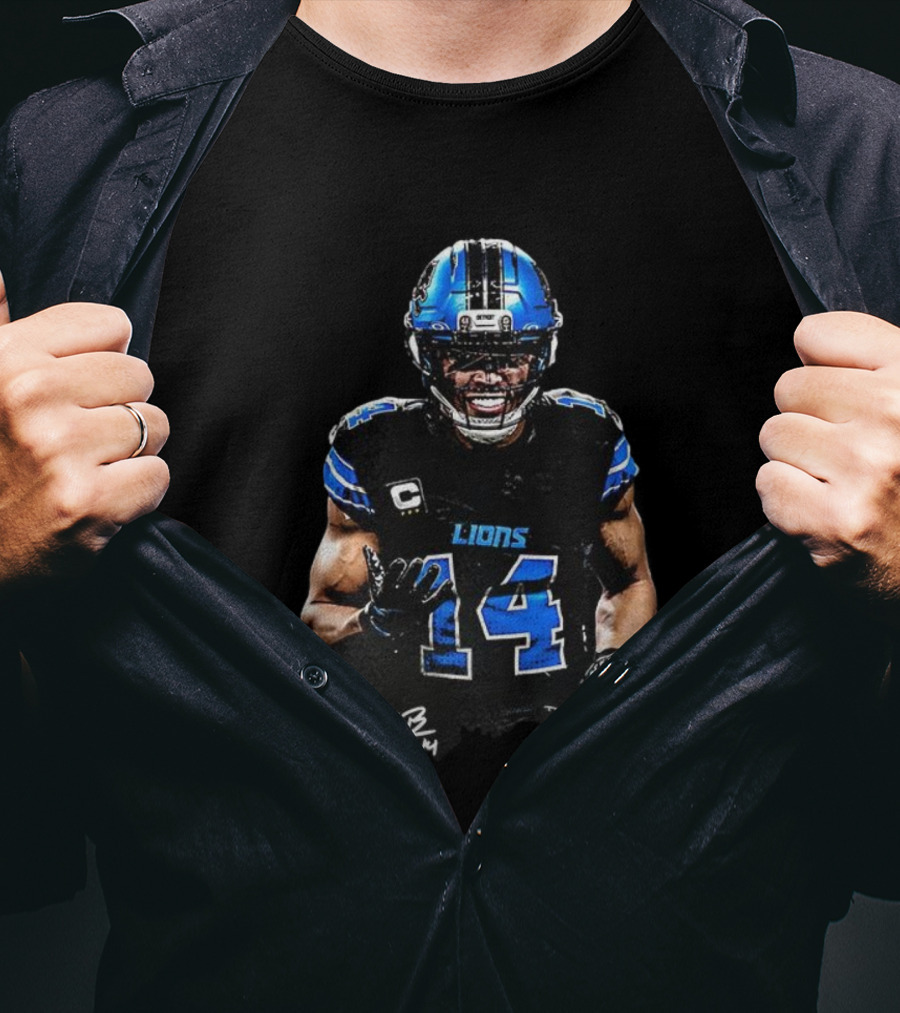 Amon-Ra St. Brown Lions Number 14 Signature Detroit Football T-Shirt