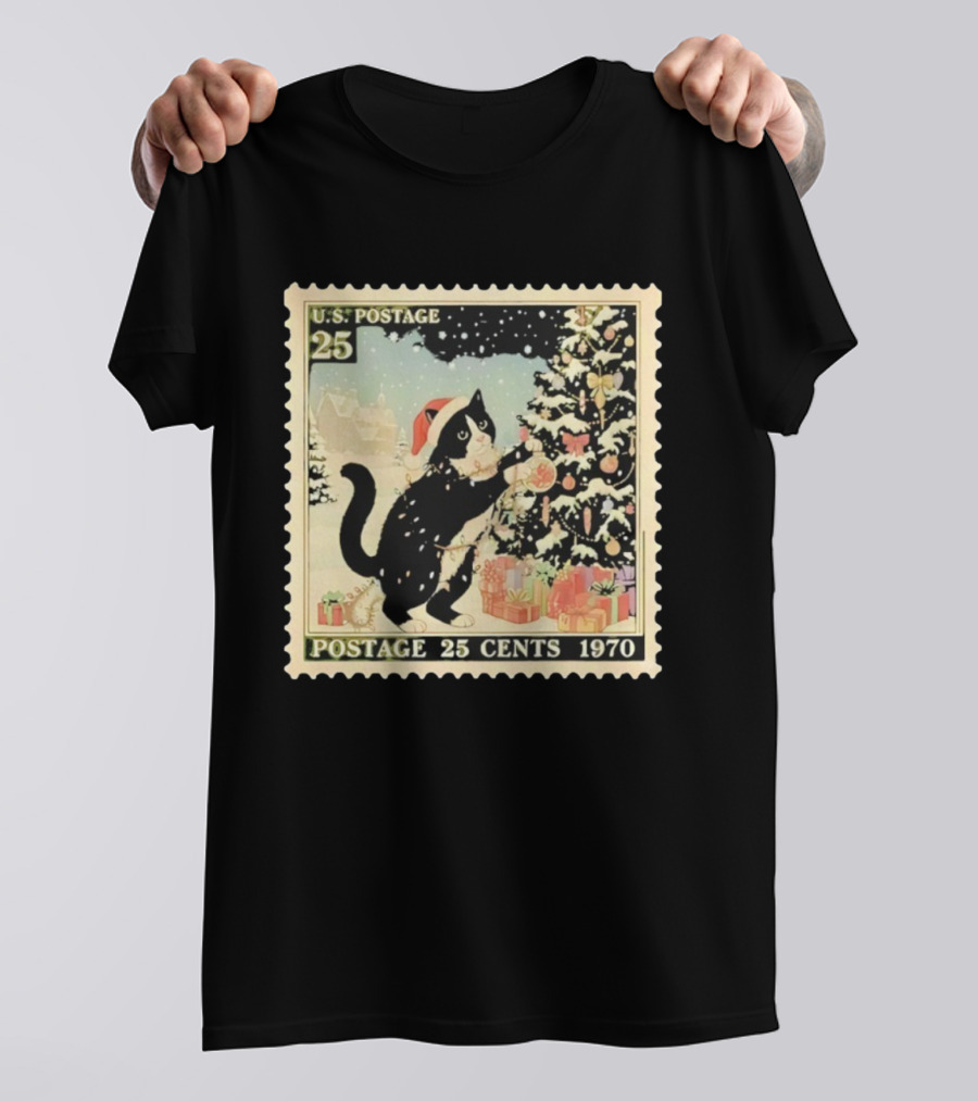 Cat Santa Hat U.S. Postage 25 Cents 1970 Christmas Tree T-Shirt