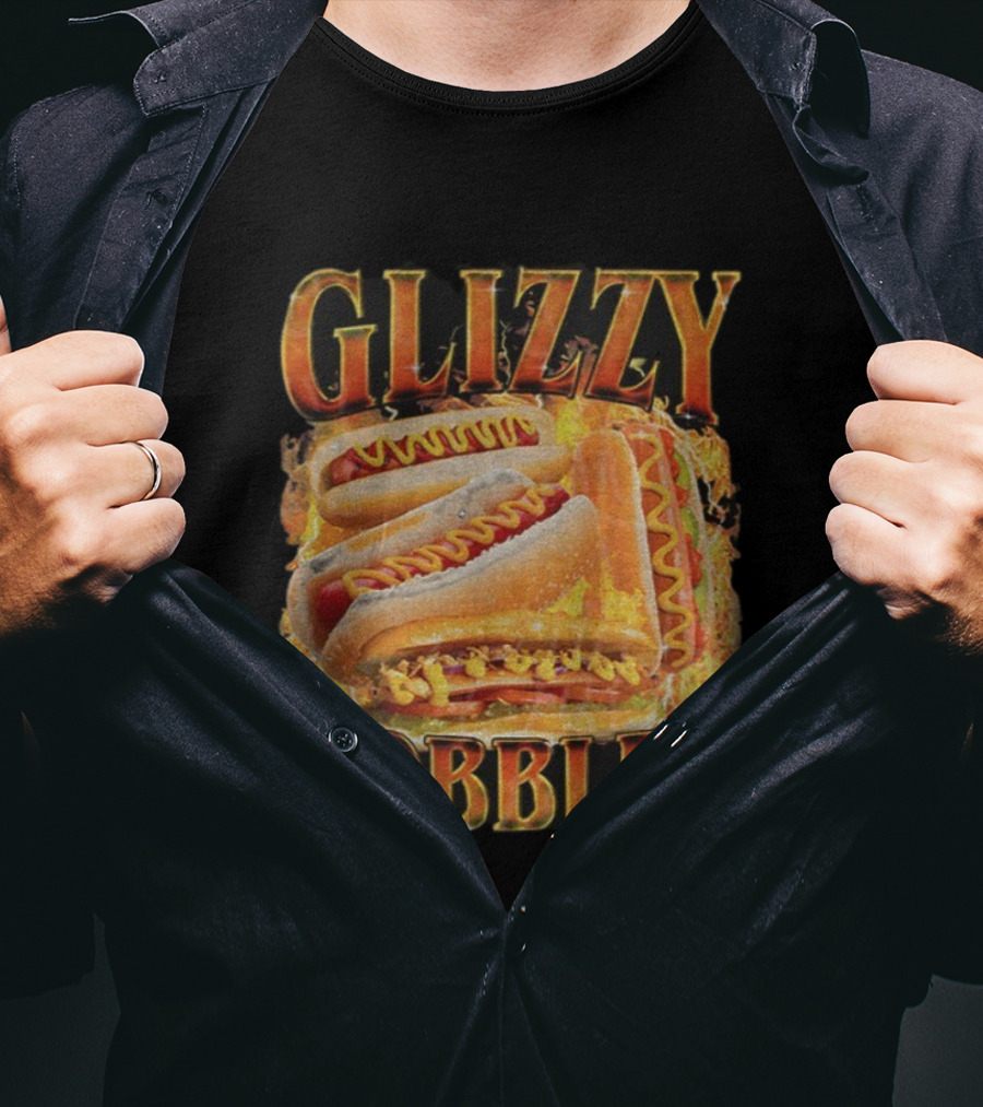 Glizzy Gobbler Faded Hot Dog Funny Meme Fire Burst T-Shirt