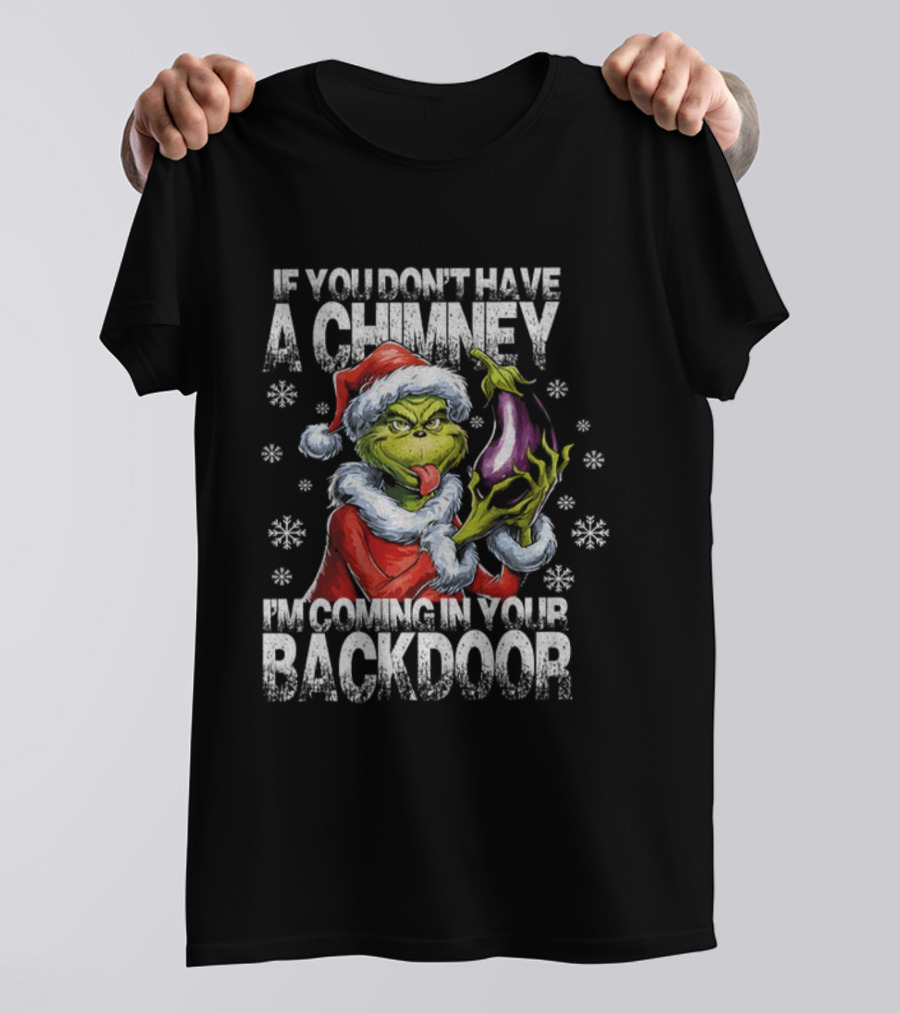 Grinch Santa Hat If You Don't Have A Chimney I'm Coming In Your Backdoor Christmas T-Shirt