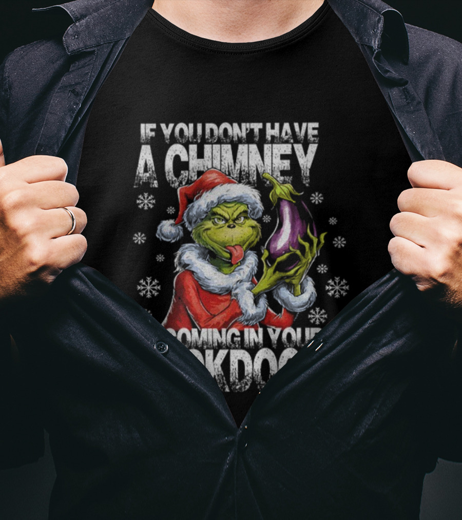Grinch Santa Hat If You Don't Have A Chimney I'm Coming In Your Backdoor Christmas T-Shirt