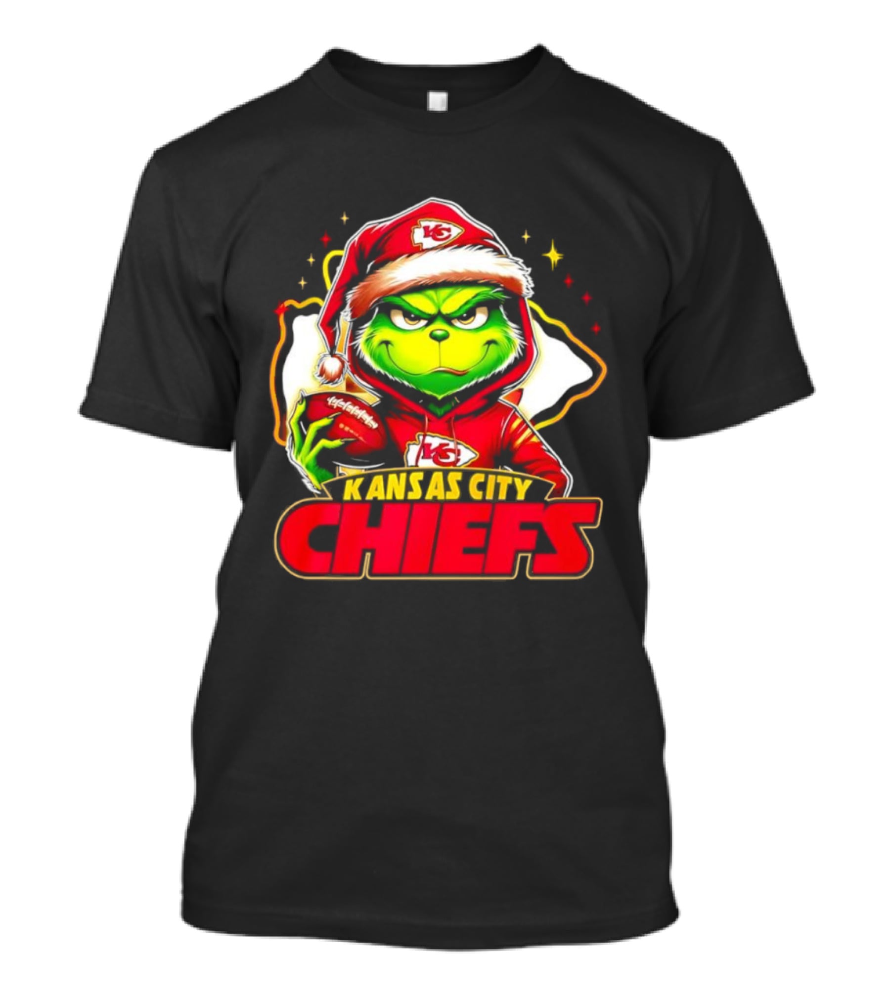 Grinch In Santa Hat Holding Football Kansas City Chiefs T-Shirt