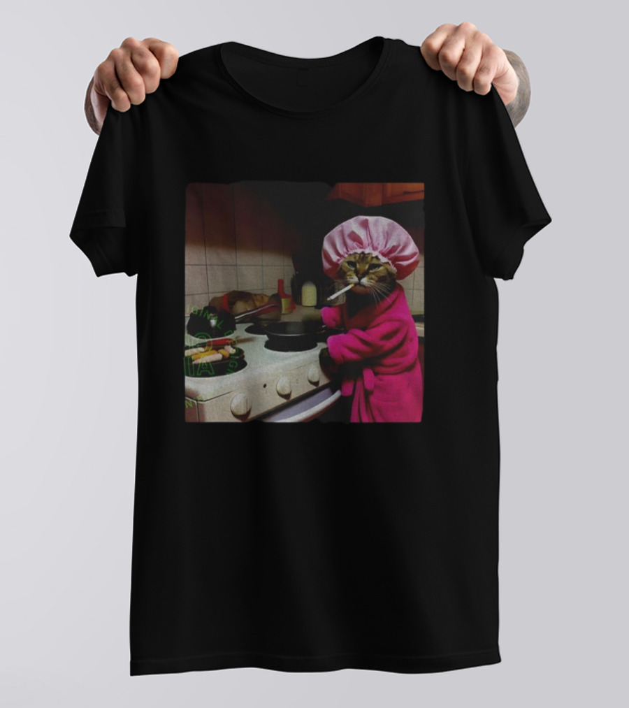 Housewife Cat Smoking Cooking Meme In Pink Bathrobe And Shower Cap T-Shirt