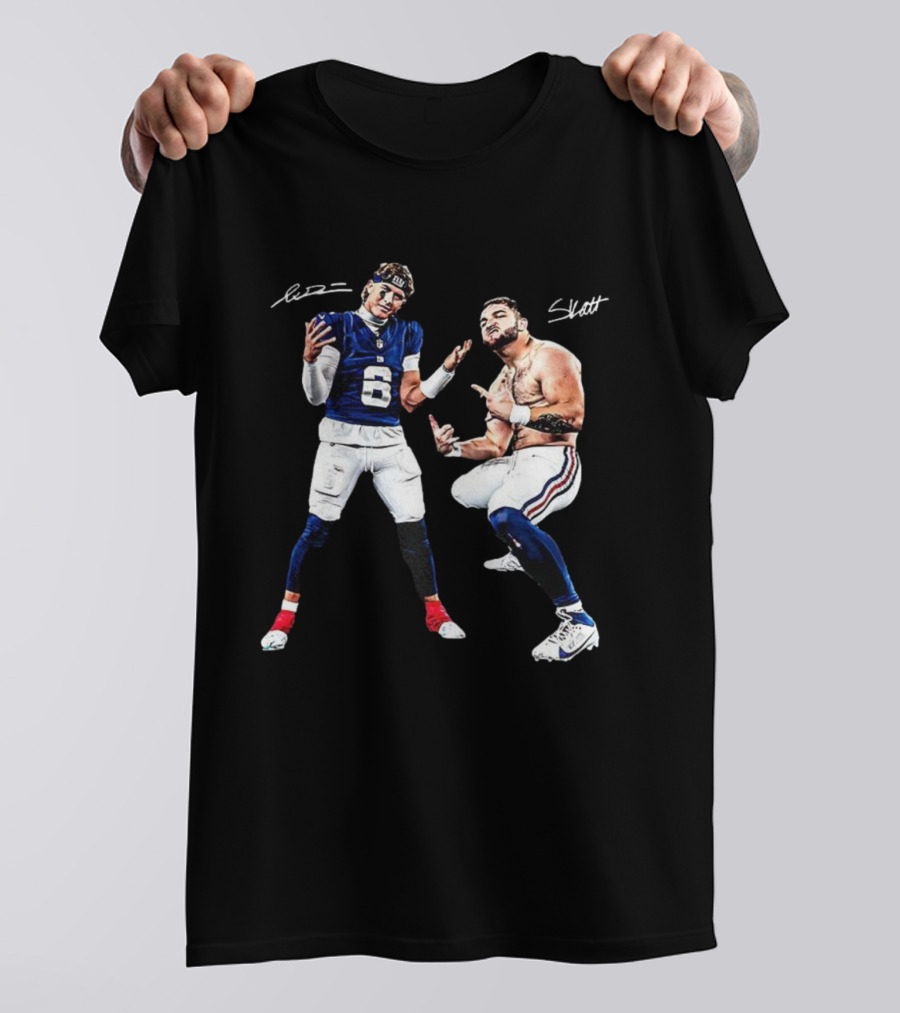 Jaxson Dart Cam Skattebo New York Giants Aura Signature Football T-Shirt