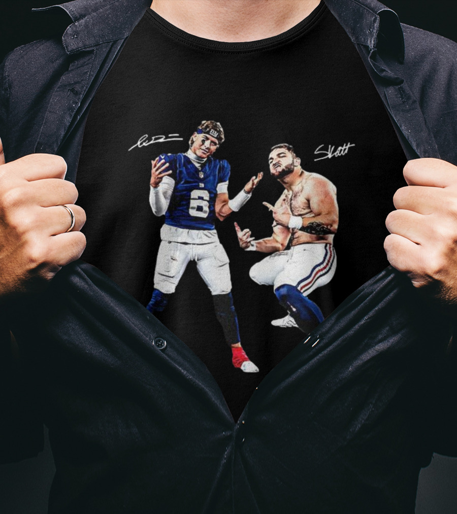 Jaxson Dart Cam Skattebo New York Giants Aura Signature Football T-Shirt