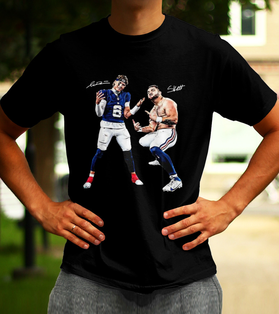 Jaxson Dart Cam Skattebo New York Giants Aura Signature Football T-Shirt