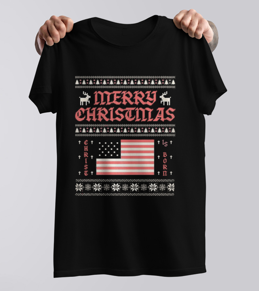 Merry Christmas 2025 Christ Is Born Ugly Pixel American Flag T-Shirt