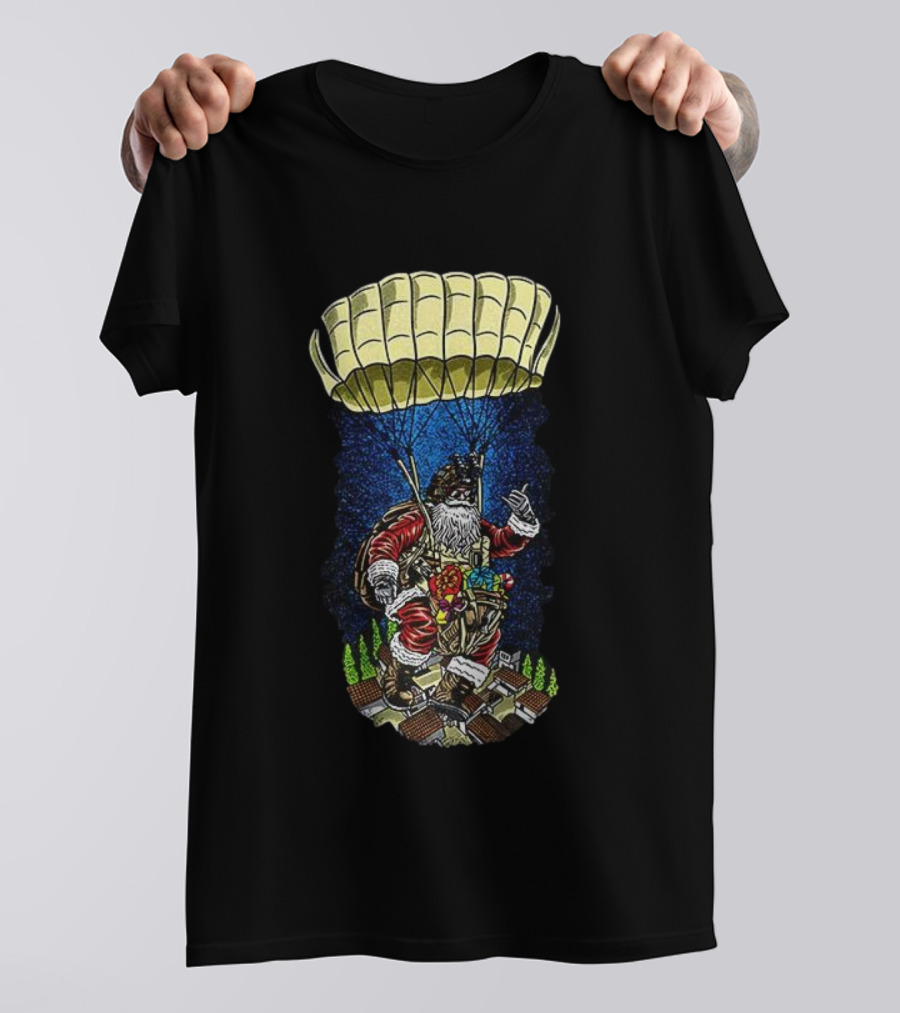Paratrooper Santa Bringing Christmas Cheer By Air T-Shirt
