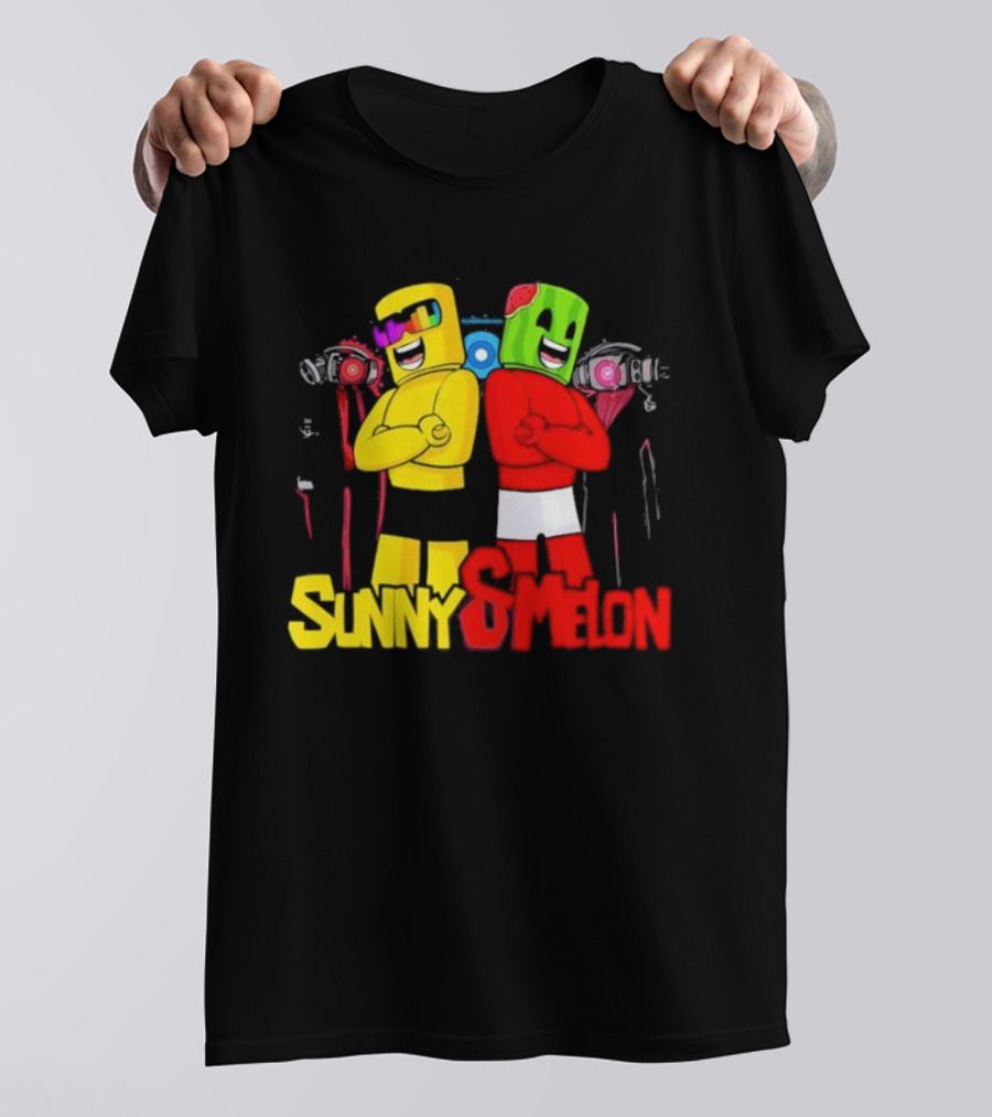Sunny And Melon The Duo Colorful Block Characters With Shades And Caps T-Shirt