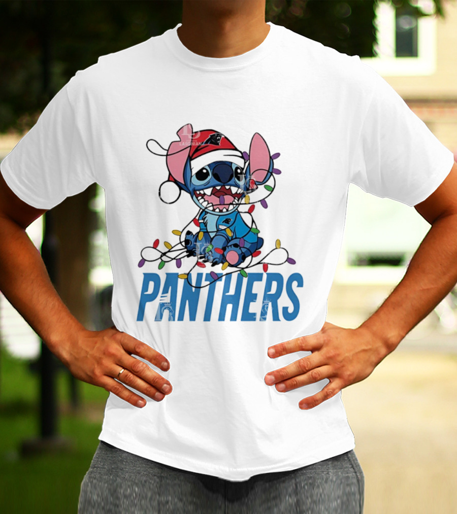 Carolina Panthers Stitch Christmas Lights Ornament T-Shirt