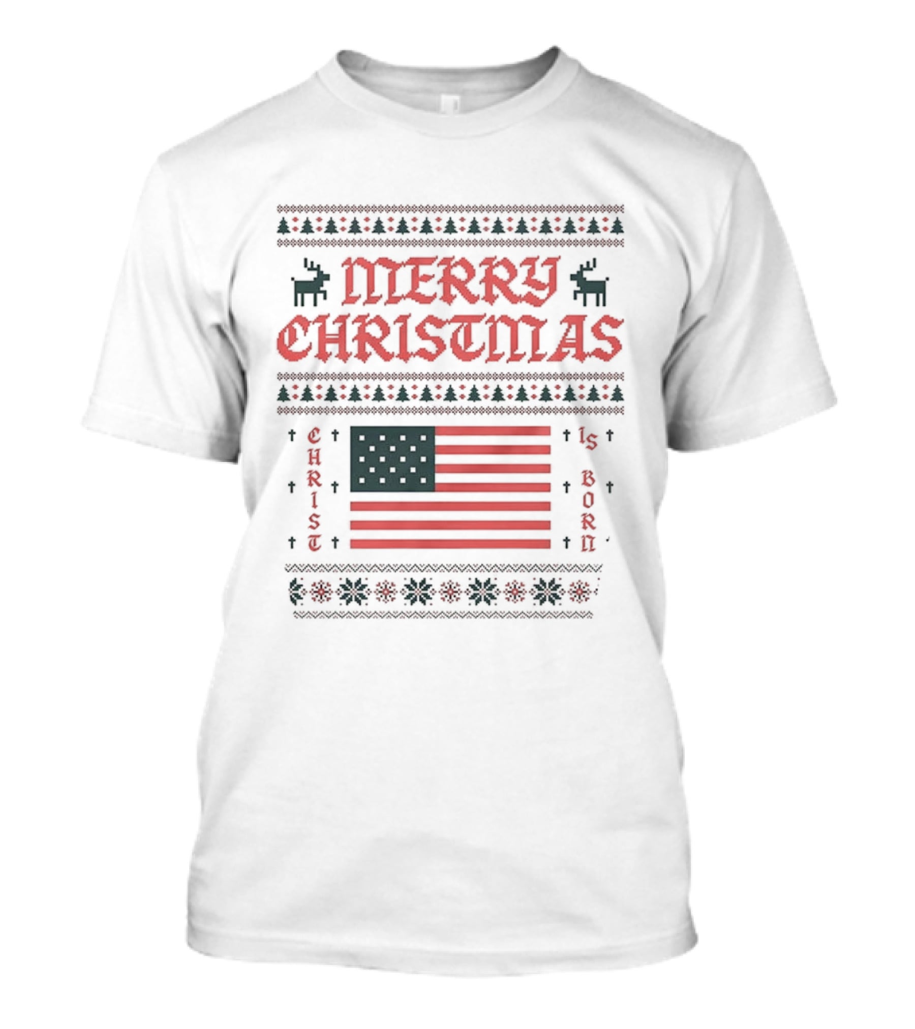 Merry Christmas 2025 American Flag Ugly Christmas Pixel Reindeer Stars Stripes T-Shirt