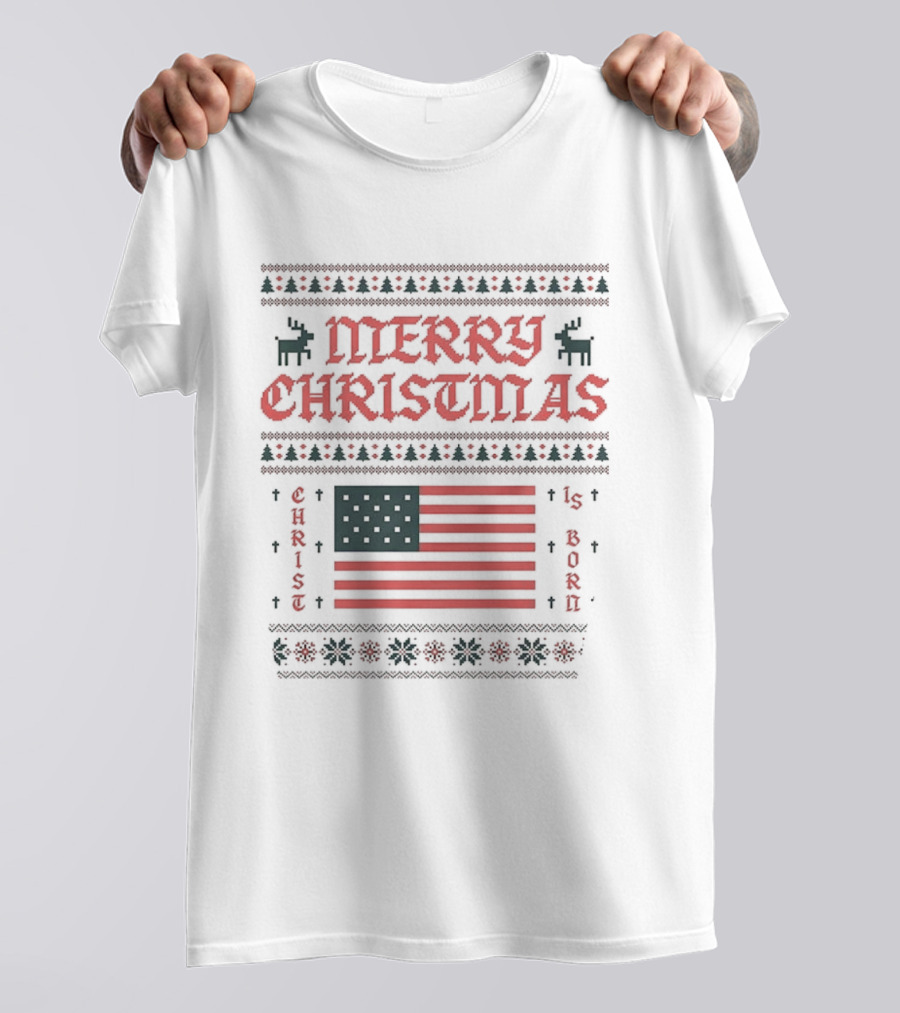 Merry Christmas 2025 American Flag Ugly Christmas Pixel Reindeer Stars Stripes T-Shirt